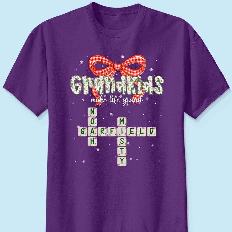 Grandkids Make Life Grand Coquette Floral Christmas Pattern Crossword Puzzle Art - Personalized Shirt