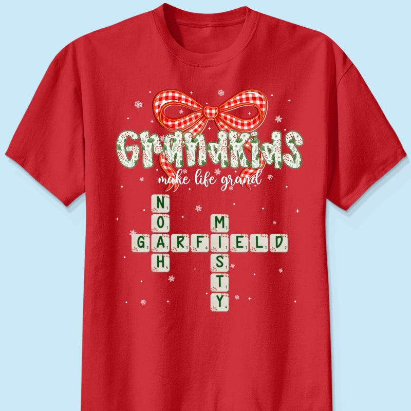 Grandkids Make Life Grand Coquette Floral Christmas Pattern Crossword Puzzle Art - Personalized Shirt