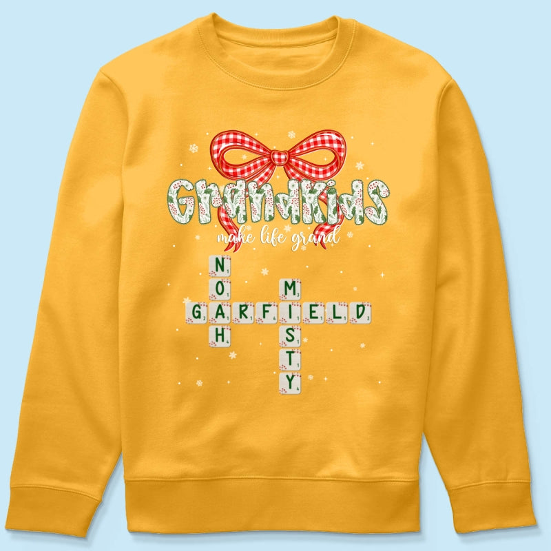 Grandkids Make Life Grand Coquette Floral Christmas Pattern Crossword Puzzle Art - Personalized Shirt