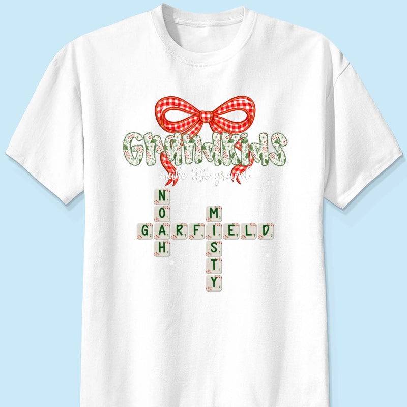 Grandkids Make Life Grand Coquette Floral Christmas Pattern Crossword Puzzle Art - Personalized Shirt