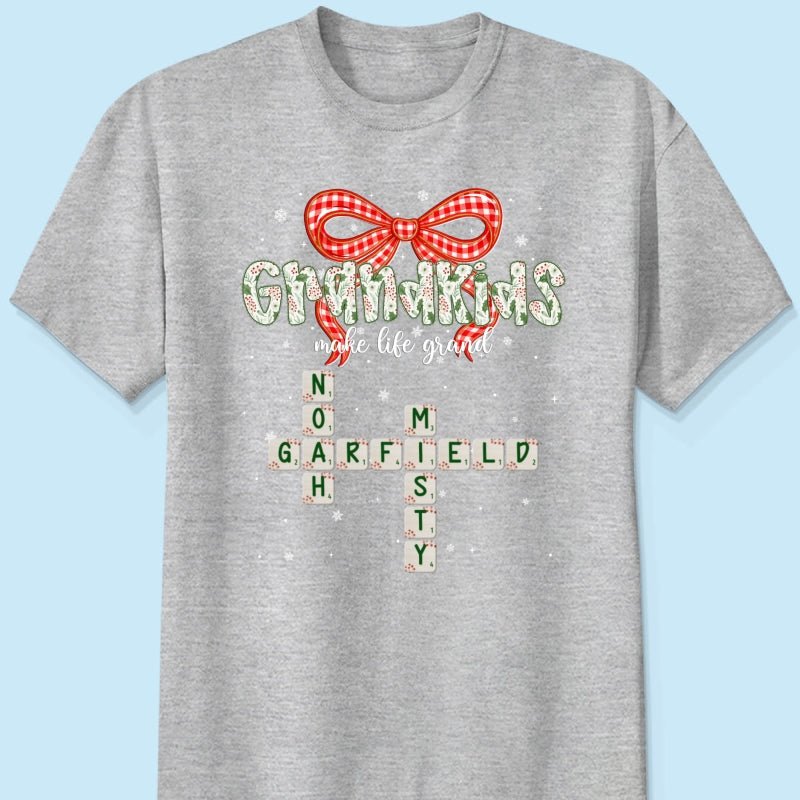 Grandkids Make Life Grand Coquette Floral Christmas Pattern Crossword Puzzle Art - Personalized Shirt