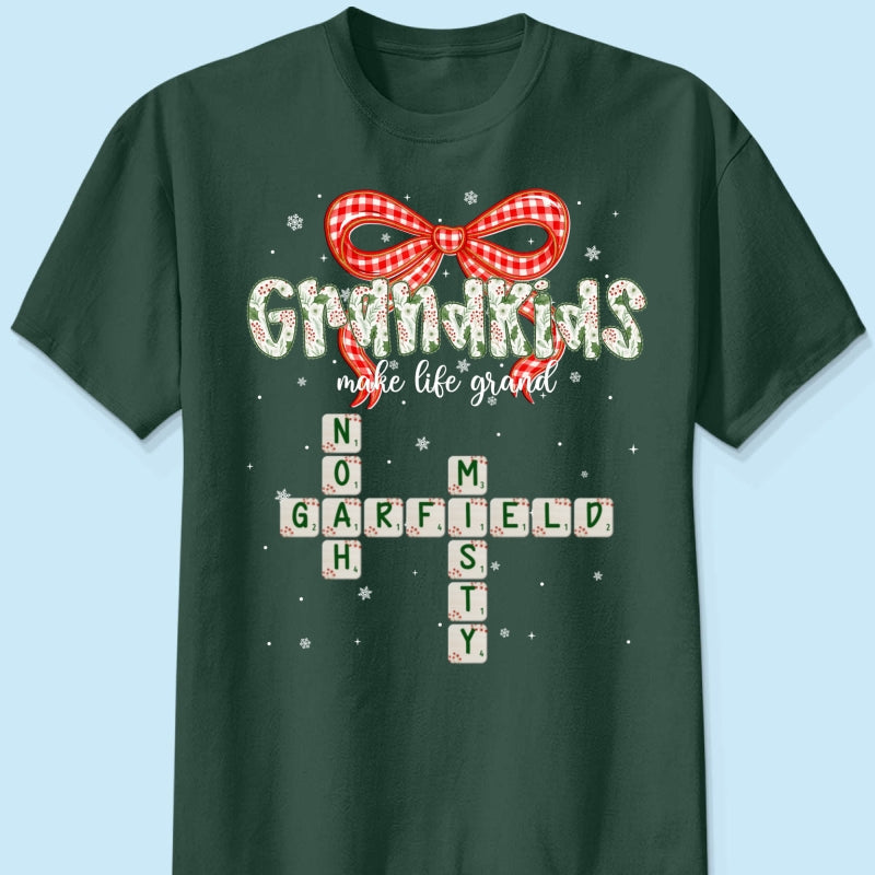 Grandkids Make Life Grand Coquette Floral Christmas Pattern Crossword Puzzle Art - Personalized Shirt