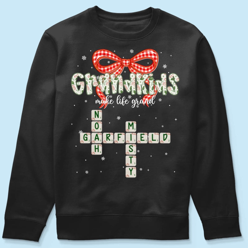 Grandkids Make Life Grand Coquette Floral Christmas Pattern Crossword Puzzle Art - Personalized Shirt