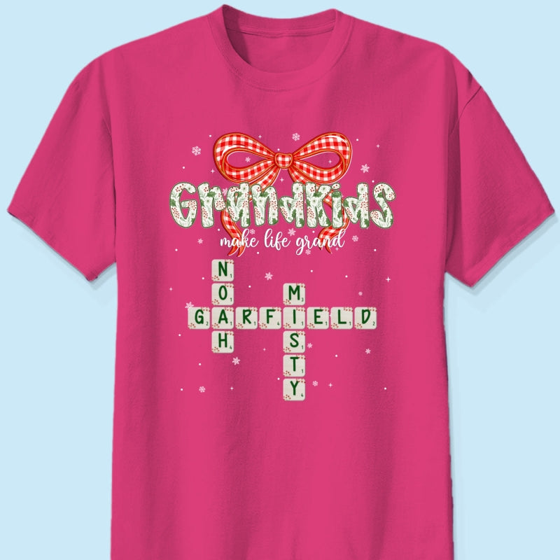 Grandkids Make Life Grand Coquette Floral Christmas Pattern Crossword Puzzle Art - Personalized Shirt