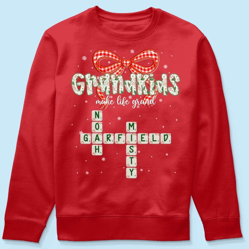 Grandkids Make Life Grand Coquette Floral Christmas Pattern Crossword Puzzle Art - Personalized Shirt