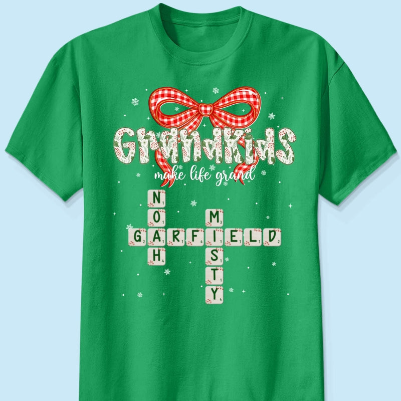 Grandkids Make Life Grand Coquette Floral Christmas Pattern Crossword Puzzle Art - Personalized Shirt