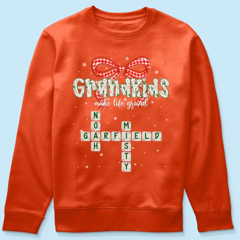 Grandkids Make Life Grand Coquette Floral Christmas Pattern Crossword Puzzle Art - Personalized Shirt