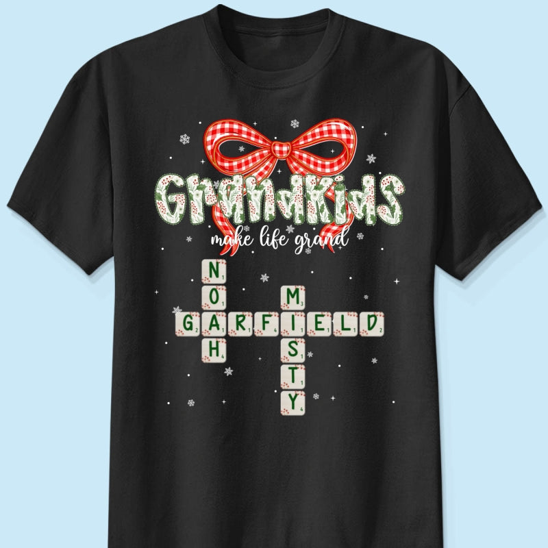 Grandkids Make Life Grand Coquette Floral Christmas Pattern Crossword Puzzle Art - Personalized Shirt