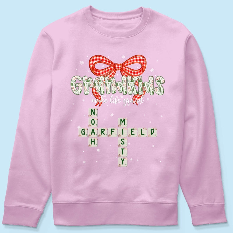 Grandkids Make Life Grand Coquette Floral Christmas Pattern Crossword Puzzle Art - Personalized Shirt