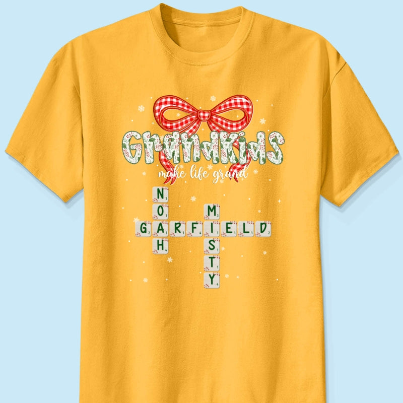 Grandkids Make Life Grand Coquette Floral Christmas Pattern Crossword Puzzle Art - Personalized Shirt