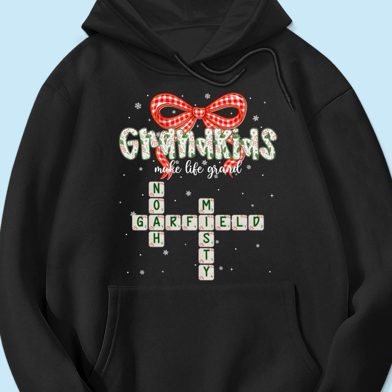 Grandkids Make Life Grand Coquette Floral Christmas Pattern Crossword Puzzle Art - Personalized Shirt