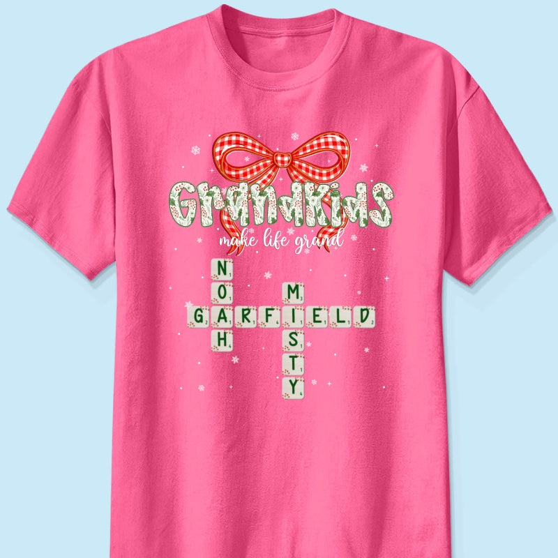 Grandkids Make Life Grand Coquette Floral Christmas Pattern Crossword Puzzle Art - Personalized Shirt