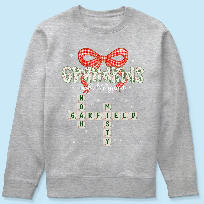 Grandkids Make Life Grand Coquette Floral Christmas Pattern Crossword Puzzle Art - Personalized Shirt