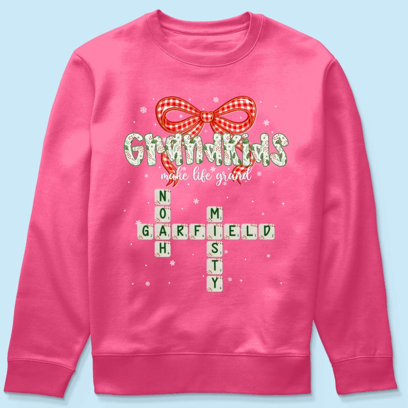 Grandkids Make Life Grand Coquette Floral Christmas Pattern Crossword Puzzle Art - Personalized Shirt