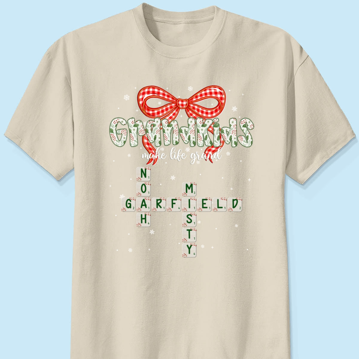 Grandkids Make Life Grand Coquette Floral Christmas Pattern Crossword Puzzle Art - Personalized Shirt