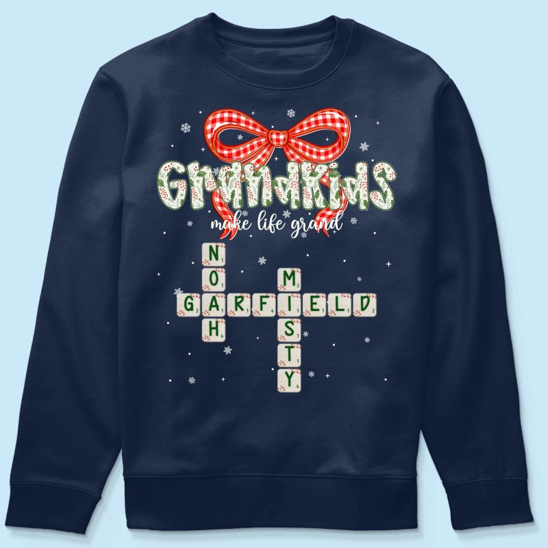 Grandkids Make Life Grand Coquette Floral Christmas Pattern Crossword Puzzle Art - Personalized Shirt