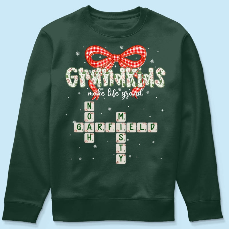 Grandkids Make Life Grand Coquette Floral Christmas Pattern Crossword Puzzle Art - Personalized Shirt