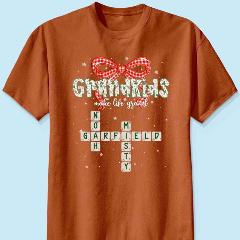 Grandkids Make Life Grand Coquette Floral Christmas Pattern Crossword Puzzle Art - Personalized Shirt