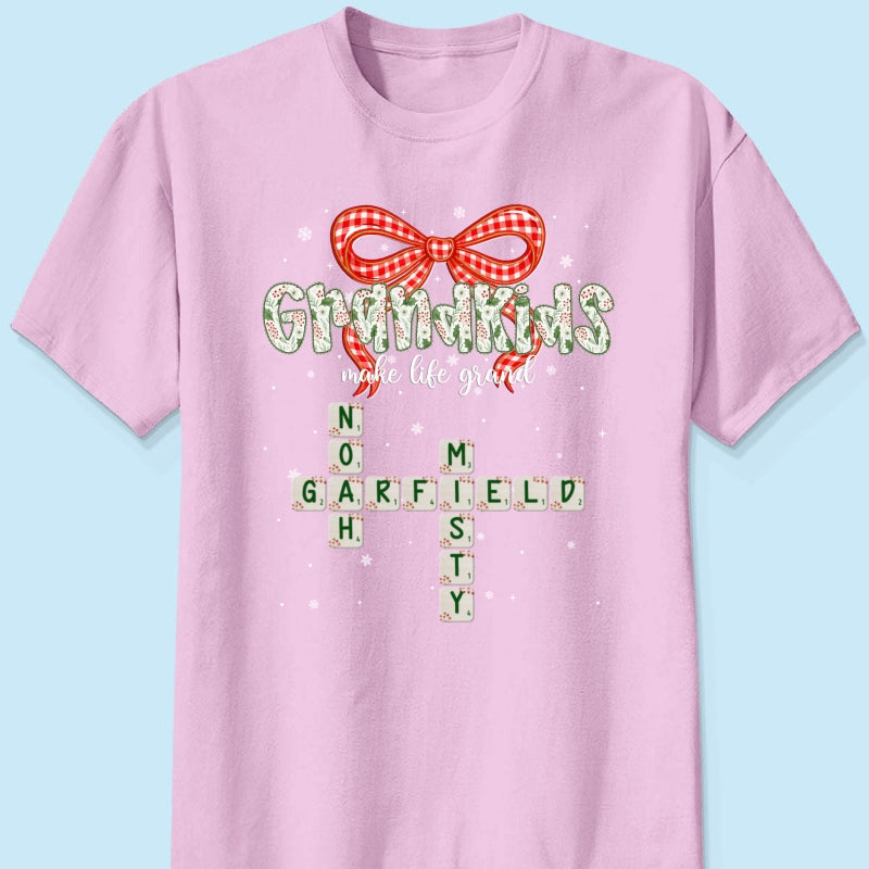 Grandkids Make Life Grand Coquette Floral Christmas Pattern Crossword Puzzle Art - Personalized Shirt