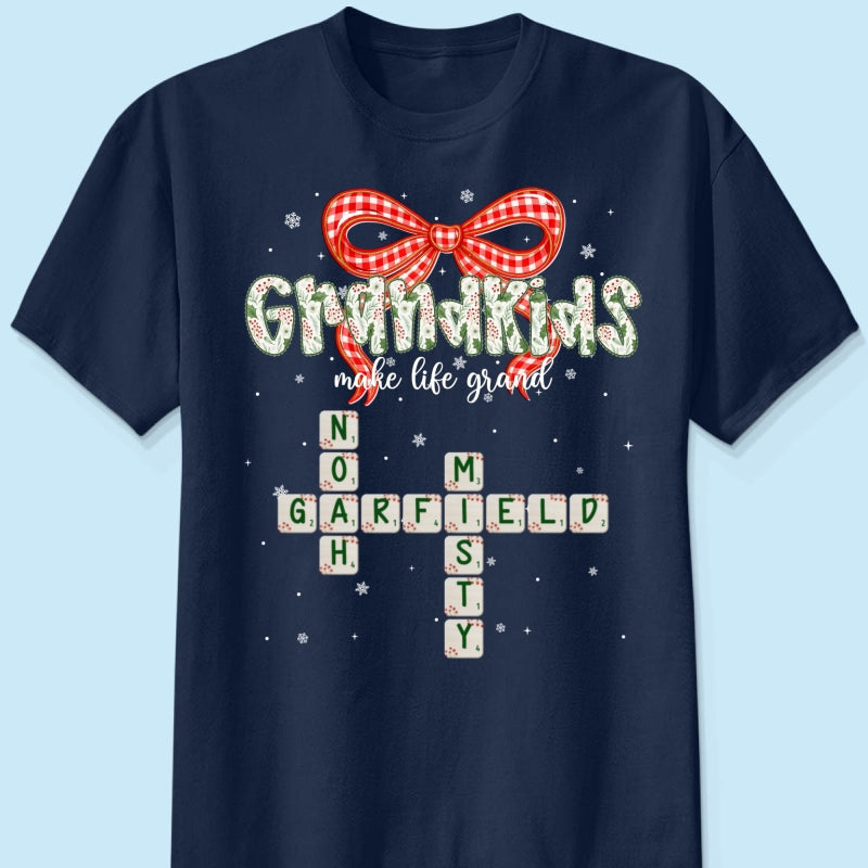 Grandkids Make Life Grand Coquette Floral Christmas Pattern Crossword Puzzle Art - Personalized Shirt
