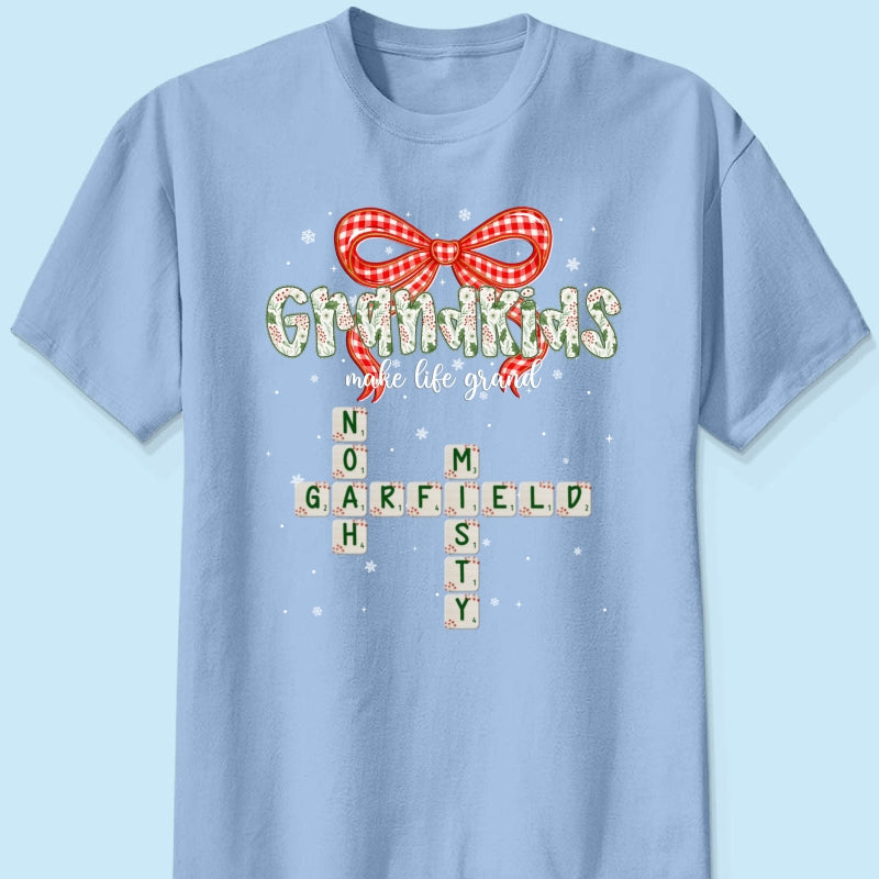 Grandkids Make Life Grand Coquette Floral Christmas Pattern Crossword Puzzle Art - Personalized Shirt