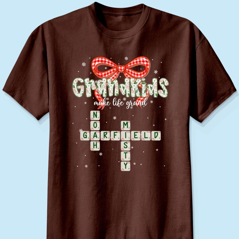 Grandkids Make Life Grand Coquette Floral Christmas Pattern Crossword Puzzle Art - Personalized Shirt