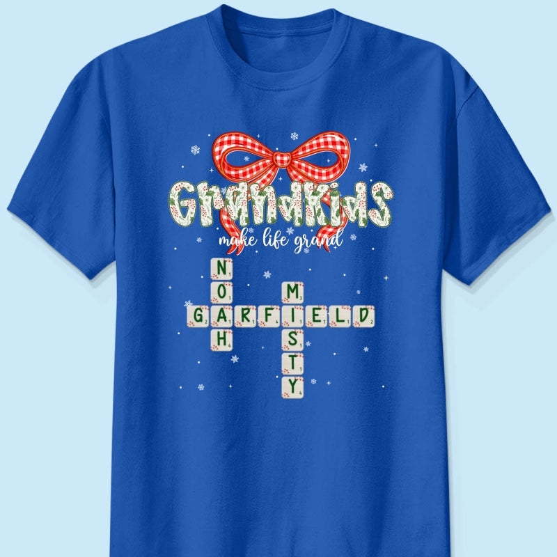 Grandkids Make Life Grand Coquette Floral Christmas Pattern Crossword Puzzle Art - Personalized Shirt