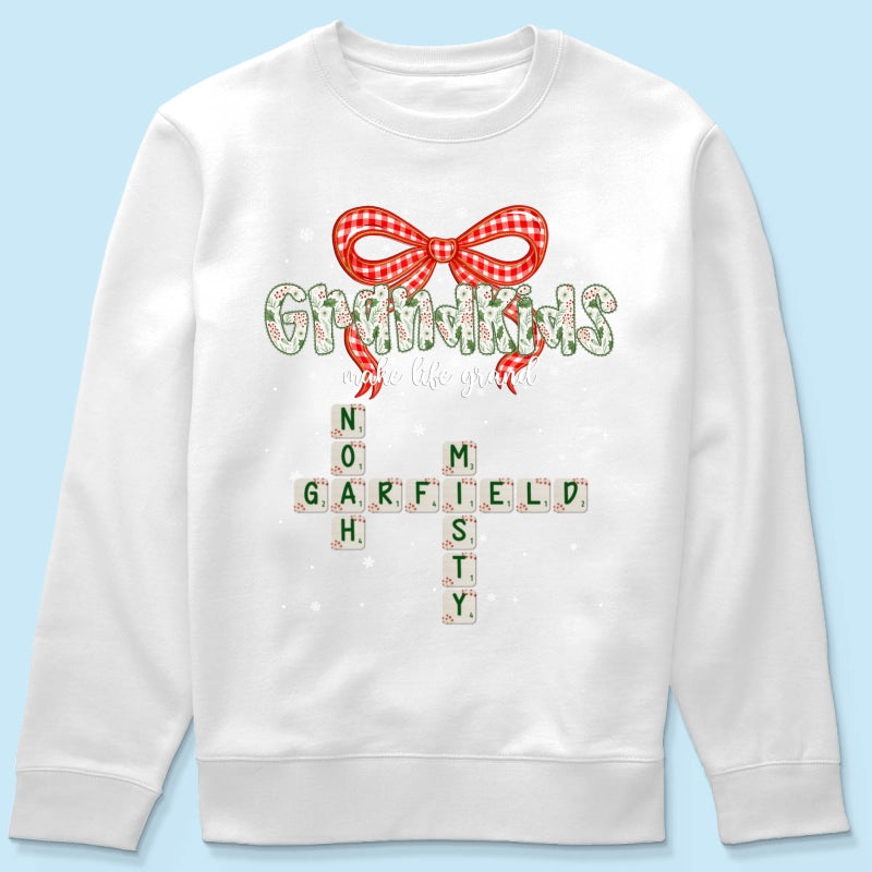 Grandkids Make Life Grand Coquette Floral Christmas Pattern Crossword Puzzle Art - Personalized Shirt