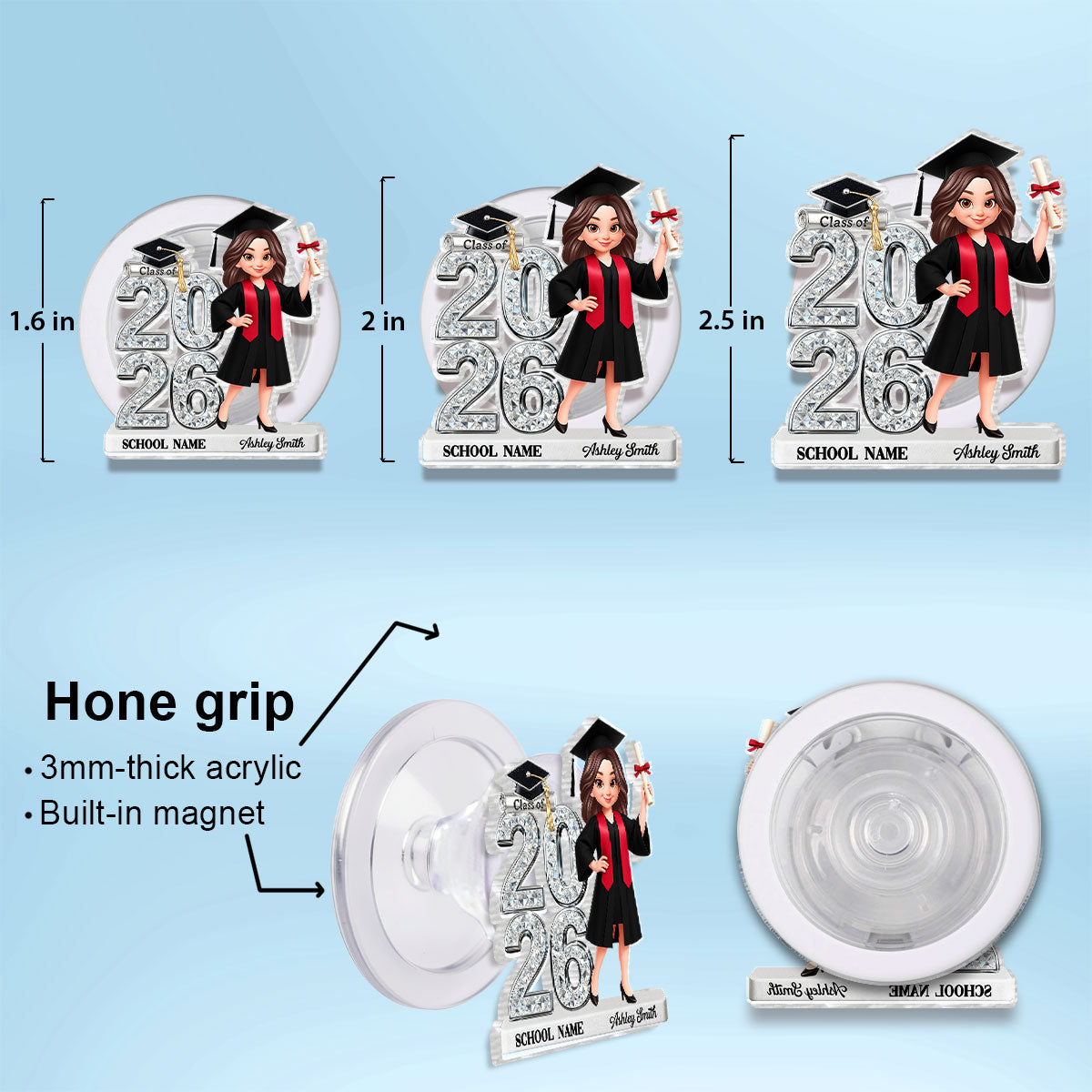 3D Shiny Effect Class Of 2026 2027 Senior - Personalized Acrylic Magnetic Phone Grip - Gift For Graduates, Daughter, Son