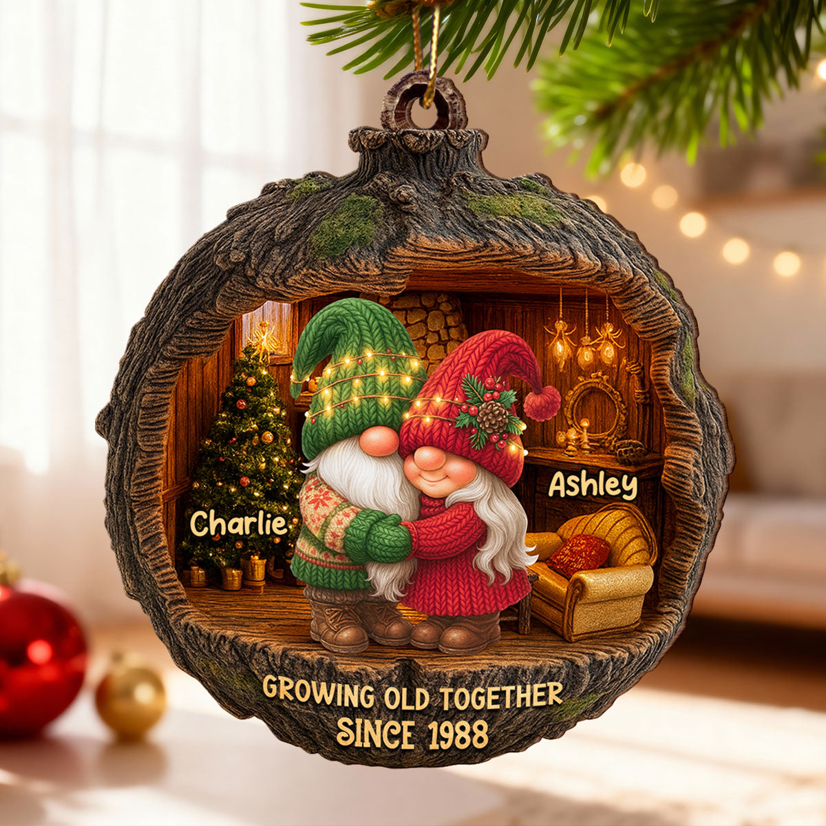 Gnome Couple Cozy Christmas - Personalized Wooden Ornament - Christmas Gift for Couple, for Her, for Him