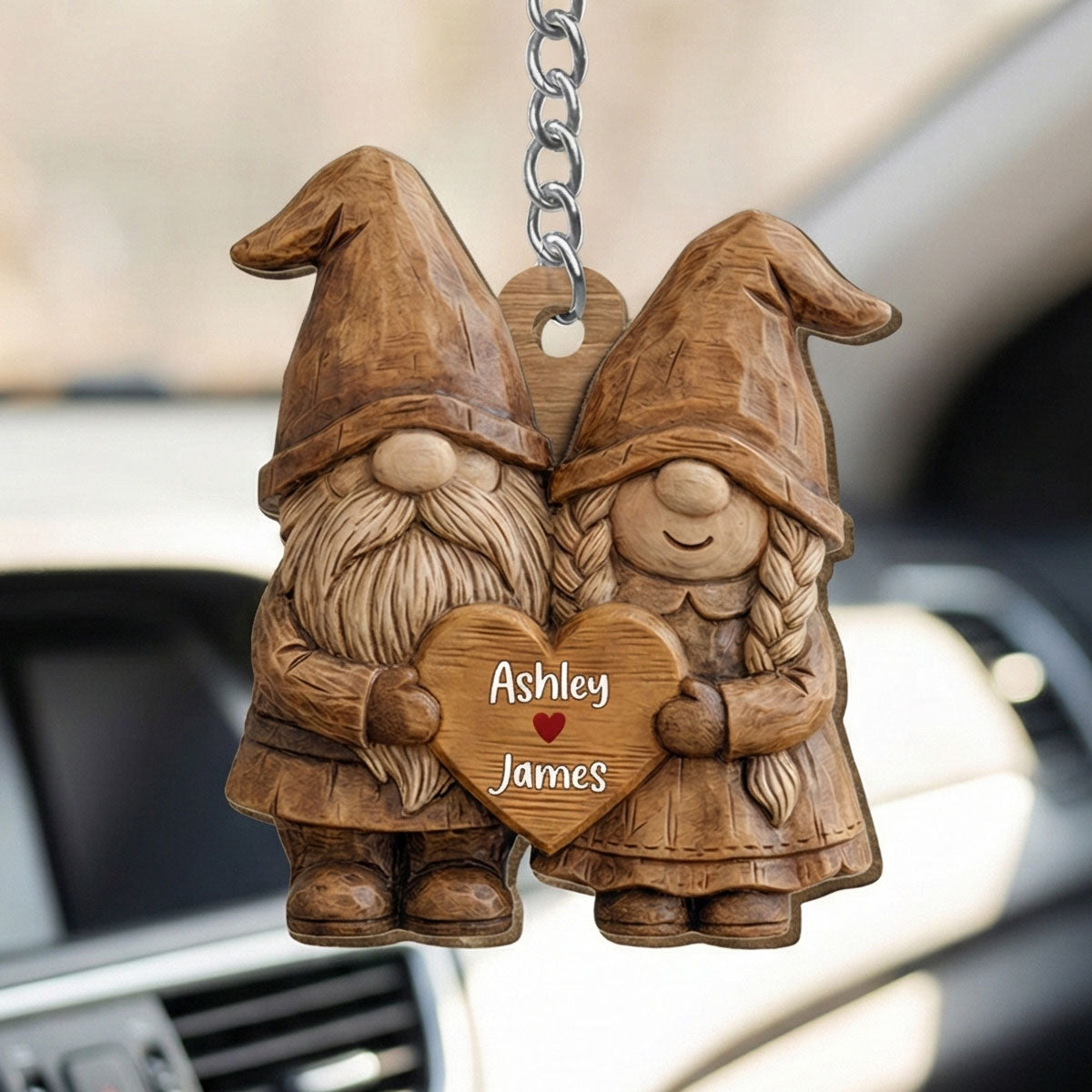 3D Effect Gnome Couple Standing - Personalized Wooden Keychain - Anniversary, Valentine's Day Gift For Him, Gift For Her