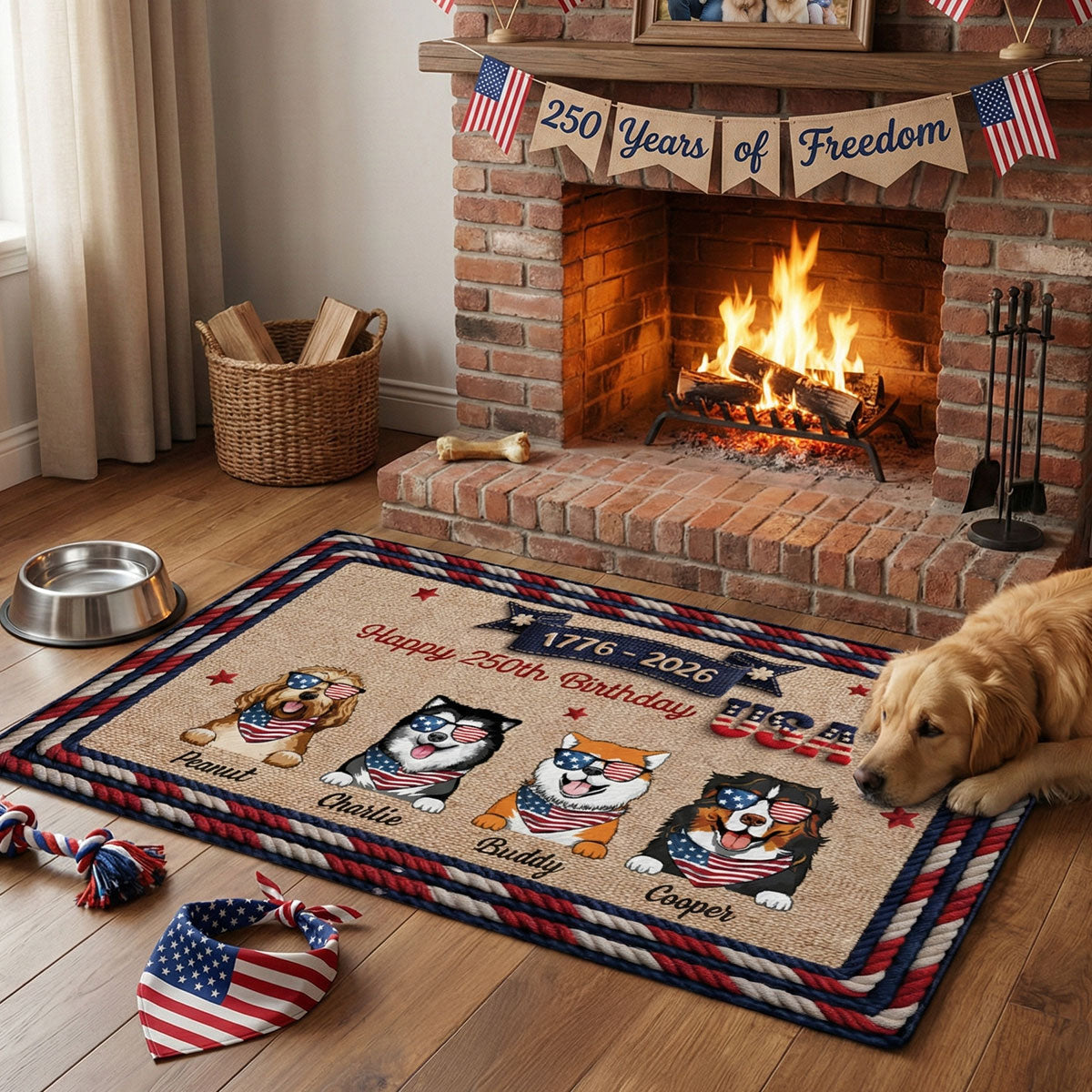 USA 250th Birthday Patriotic Flag Dog Faux Yarn Pattern - Personalized Doormat - Gift For Dog Lovers