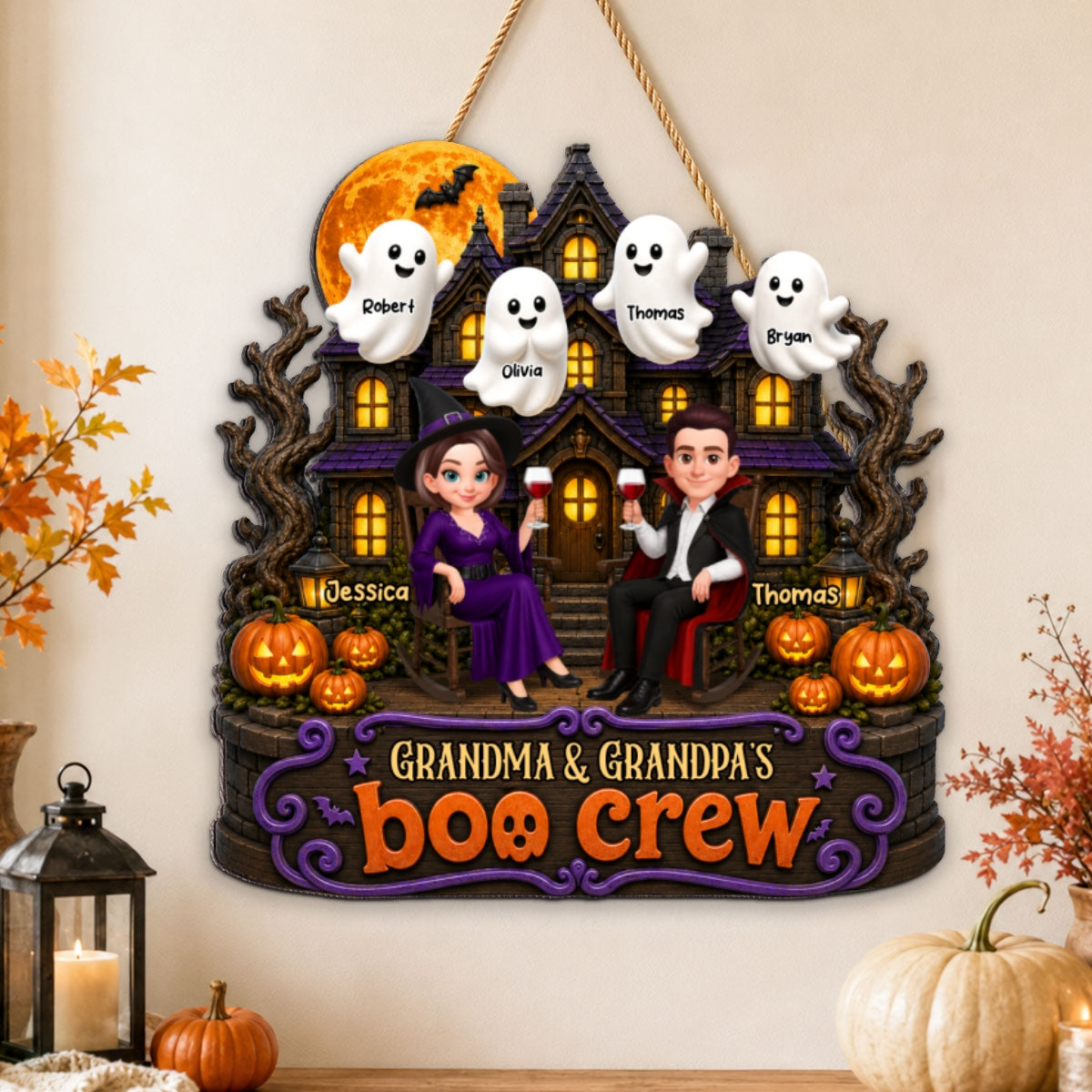 Halloween Haunted House Grandpa Grandma Boo Cew - Personalized Wood Sign - Halloween Decoration For Grandparents