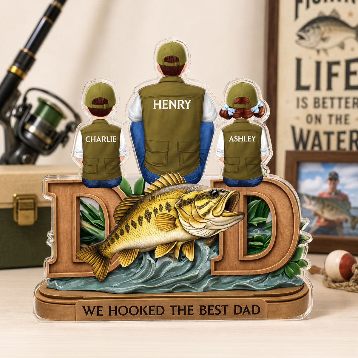 Fishing Dad And Kids Sitting Together - Personalized Acrylic Block Plaque - Heartfelt Gift For Fishing Dad, Husband