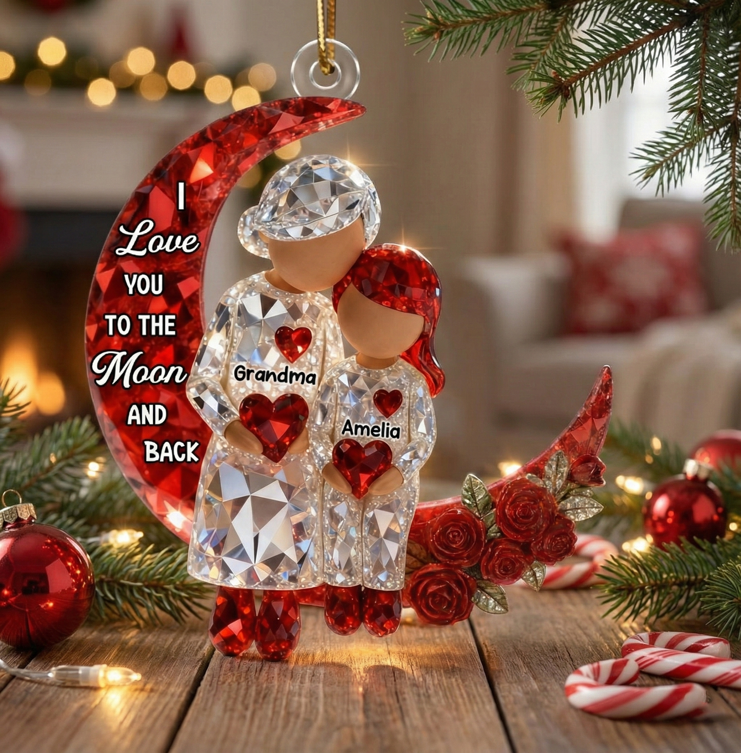 3D Crystal Effect Grandma Grandpa Grandkid Sitting on Moon  - Personalized Acrylic Ornament - Christmas Gift for Grandma, Grandkids