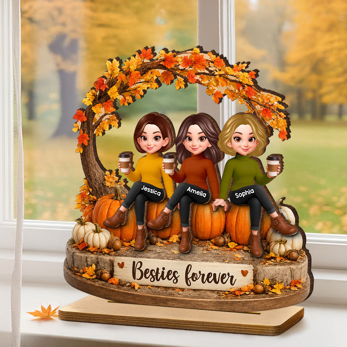 Cozy Autumn Besties Forever - Personalized 2-Layered Wooden Plaque - Fall Season Gift For Besties