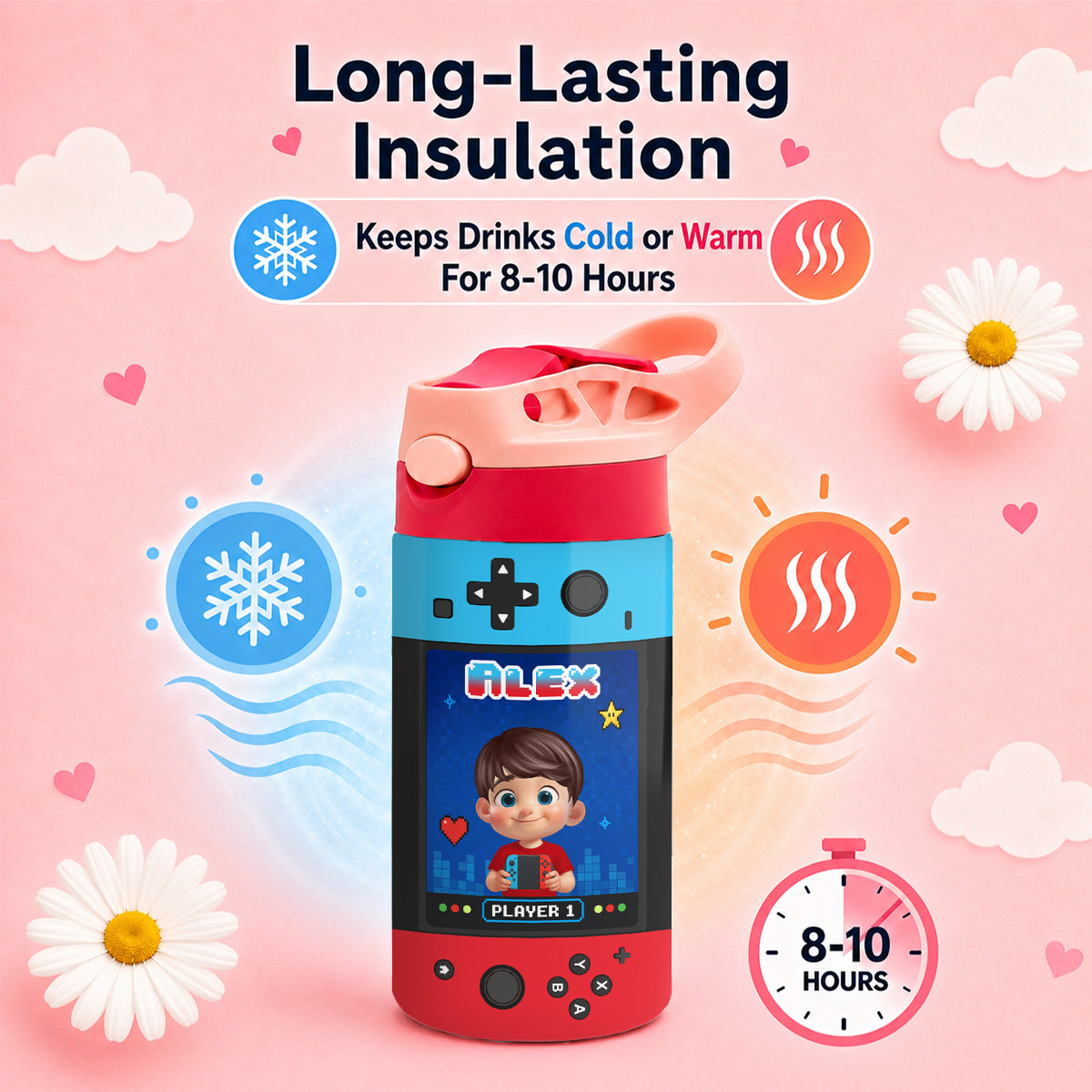Gaming Controller Theme Cute Gamer Kid - Personalized Kid Insulated Water Bottle - Stainless Steel Toddler Cups with Straws, BPA Free, Leak-Proof