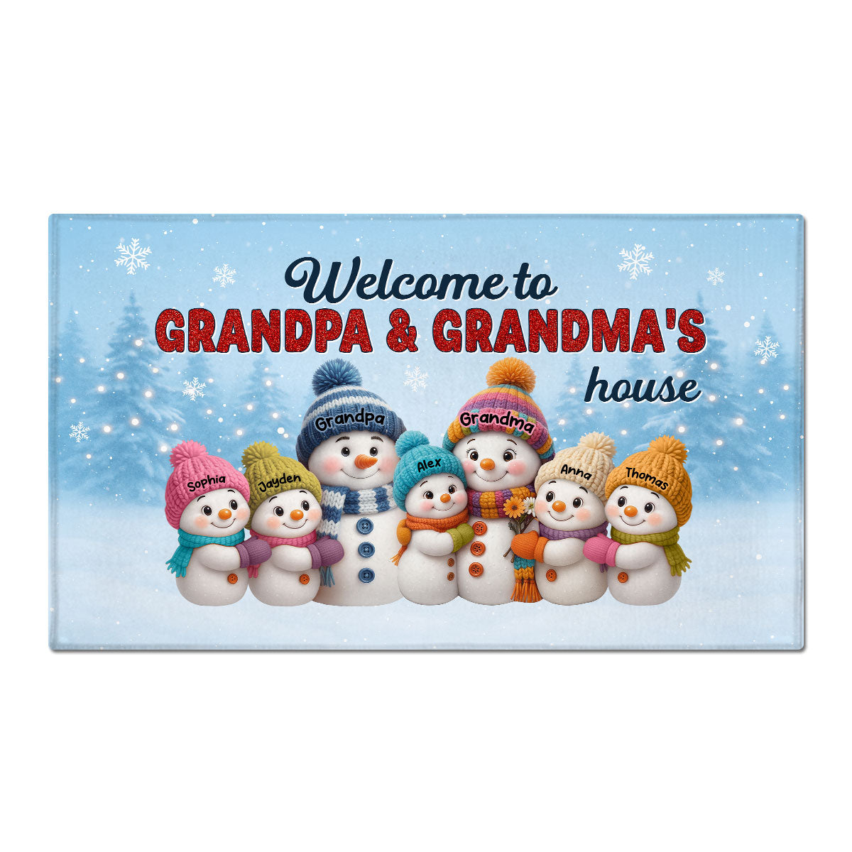 3D Effect Christmas Grandma Grandpa Grandkids Snowman Together - Personalized Doormat