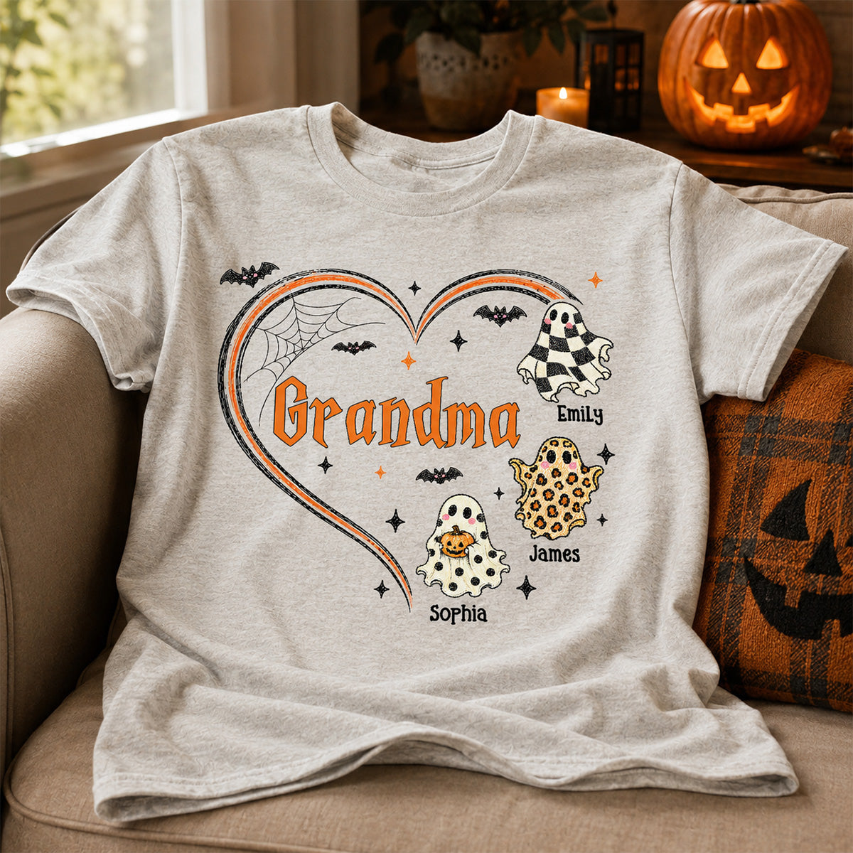 Grandma's Boo Crew Heart Checkered Leopard Polka Dot Ghosts - Personalized Shirt - Perfect Halloween Costume for Grandma