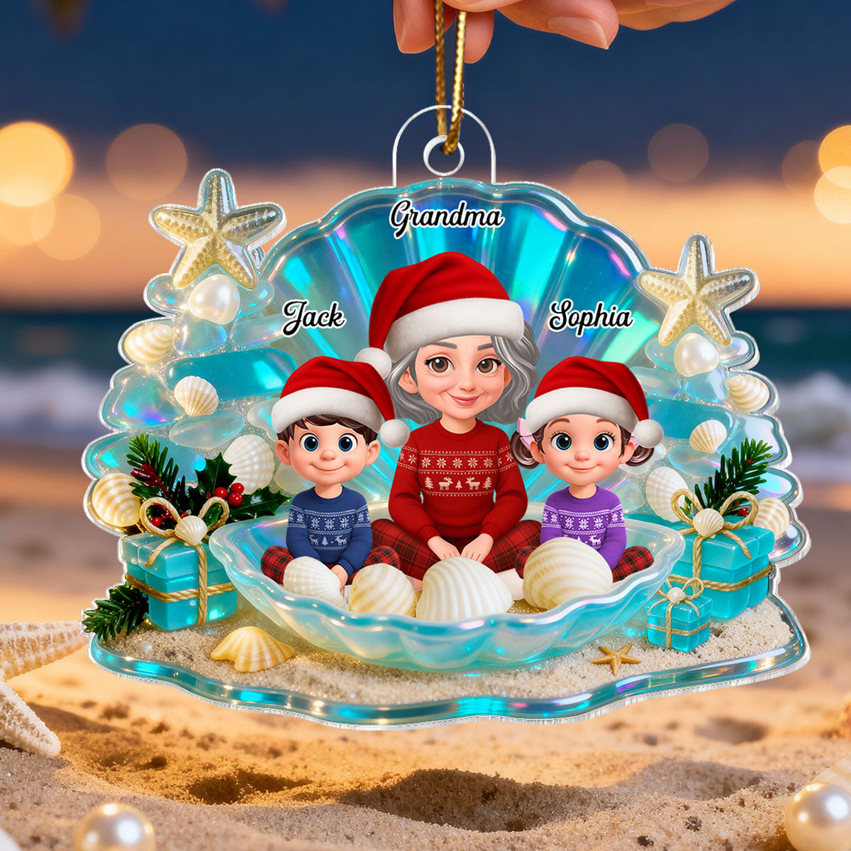 3D Effect Seashell Grandma Grandkids Christmas Together - Personalized Acrylic Ornament