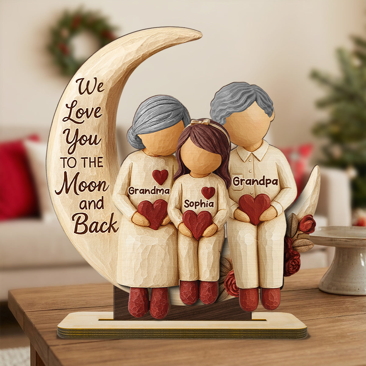 Grandma Grandkids on Moon - Personalized Standing Wooden Plaque - Nostalgia Rustic Home Decor for Grandma