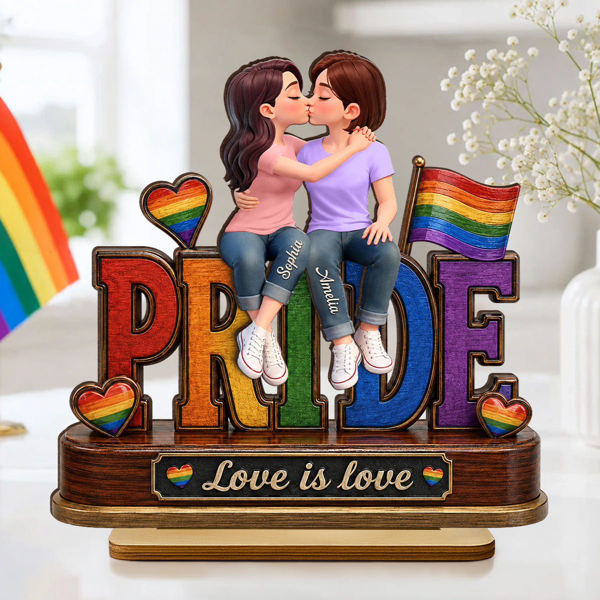 LGBT Couple Pride Love is Love - Personalized 2-Layered Wooden Plaque - Heartfelt Gift for Her, Gift for Him
