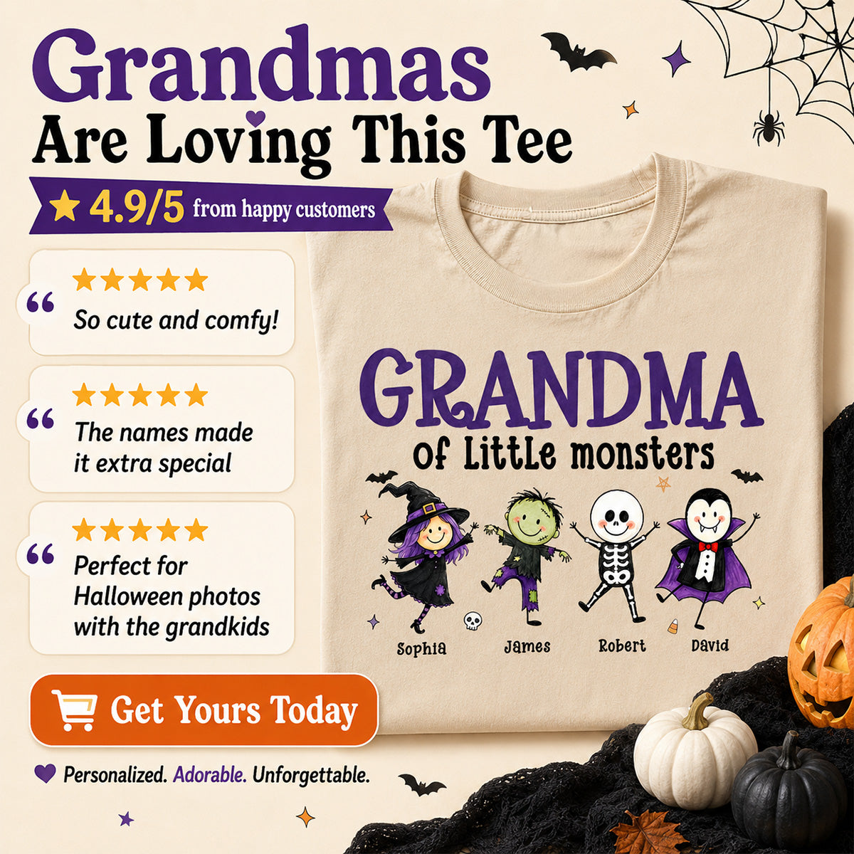 Grandma Mom Of Little Monsters Cute Doodle Characters - Personalized Shirt - Halloween Costume For Mom Grandma