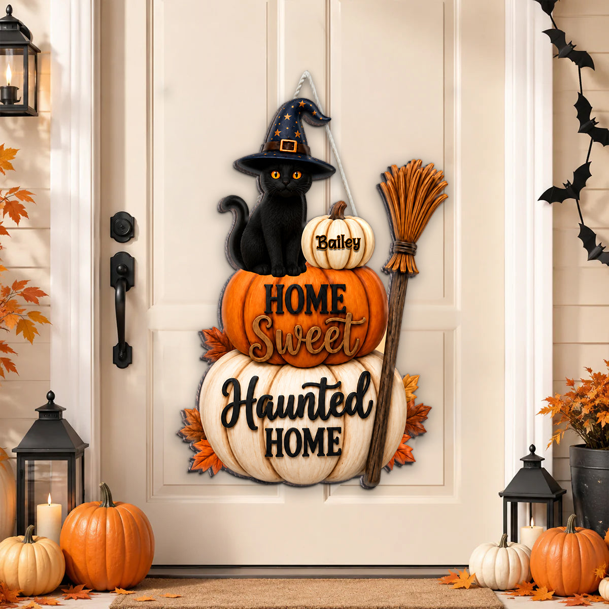 Home Sweet Haunted Home Cat - Personalized Wood Sign - Halloween Decor Gift, Gift For Cat Lovers