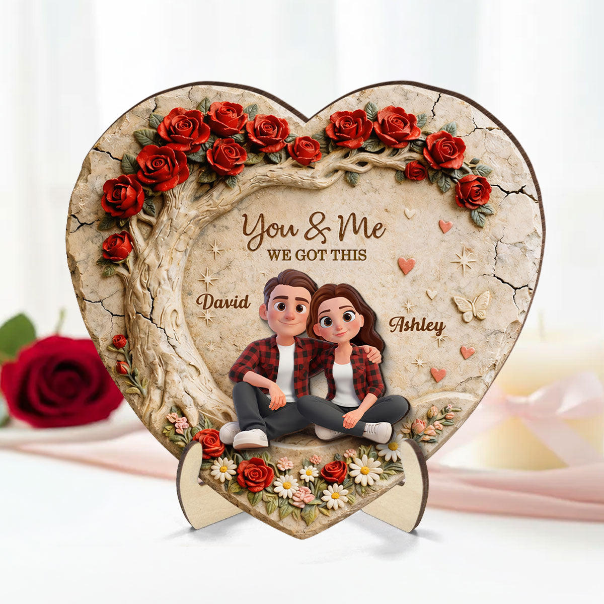Couple Stone Romantic Heart Rose - Personalized 2-Layered Wooden Plaque - Anniversary, Valentine's Day Gift, Gift For Him, Gift For Her