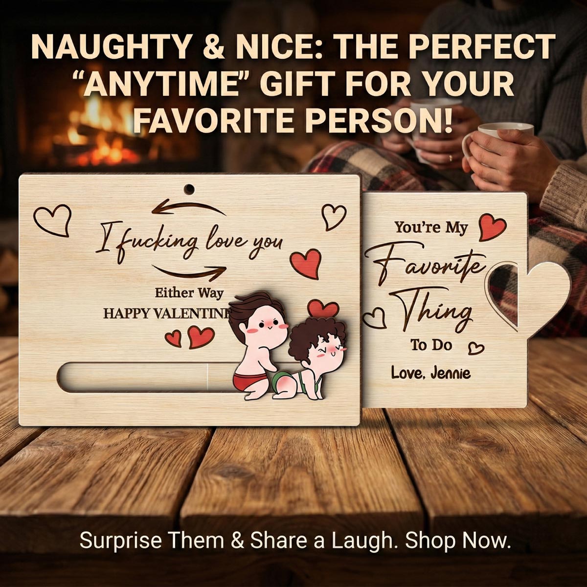 I Fcking Love You Funny Inappropriate Couple Cartoon Style - Personalized Wooden Slider Ornament - Valentine's Day Gift For Him, For Her