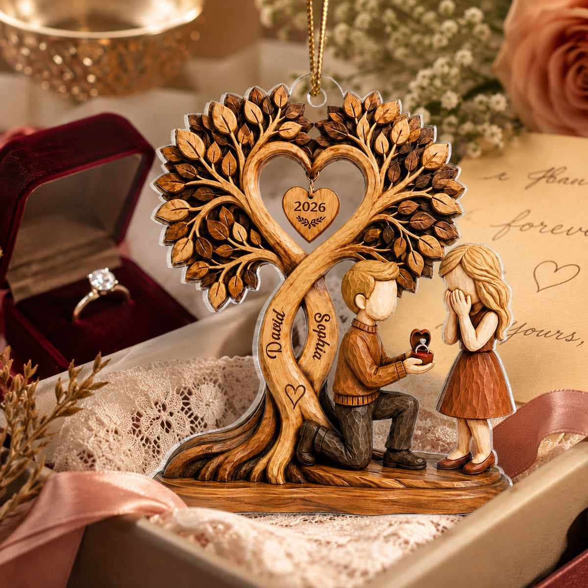 Couple Kissing Under Heart Tree - Personalized Acrylic Ornament - Heartfelt Anniversary Gift for Him, for Her