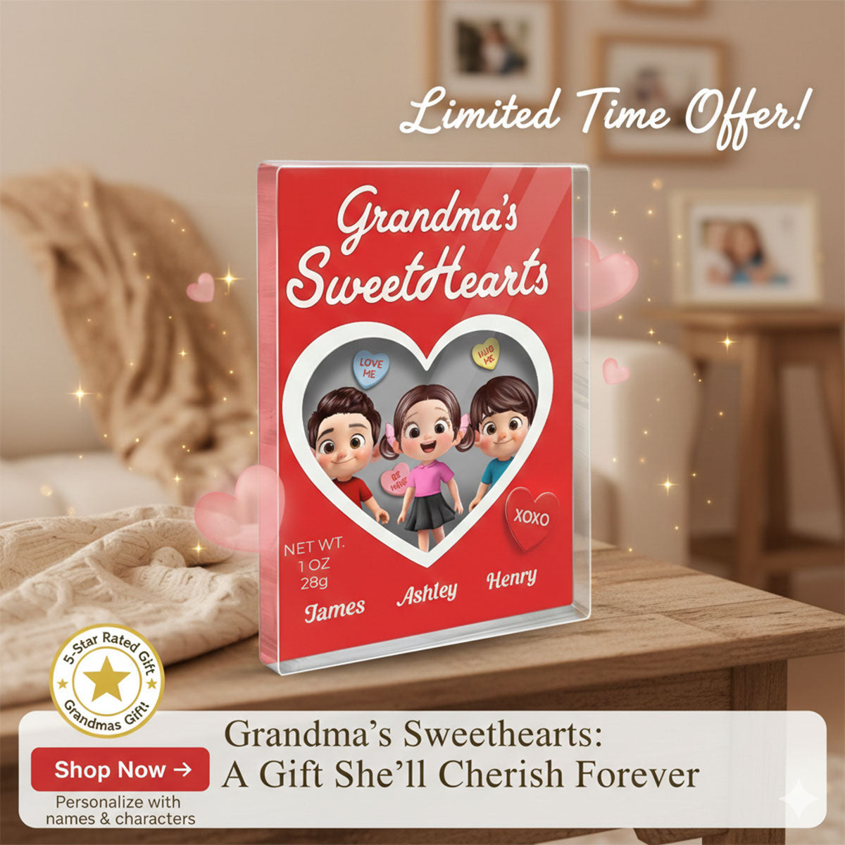 Grandma's Sweethearts Grandkids Red Toy Box Style 2D Flat - Personalized Acrylic Block Plaque