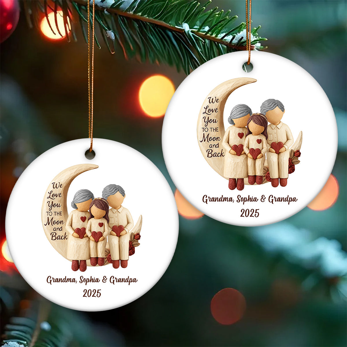 Grandma Grandpa Love You to the Moon & Back - Personalized Ceramic Ornament - Christmas Gift for Grandparents, Granchildren