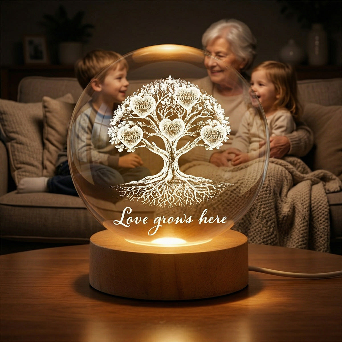 Grandkids Heart Tree Of Life - Personalized Crystal Ball LED Night Light - Mother's Day Gift For Grandma